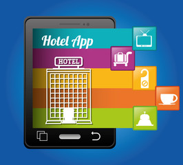 Smartphone and hotel building with apps icon set. Service technology media and digital theme. Colorful design. Vector illustration