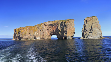 Fototapeta na wymiar Perce Rock from the sea, Atlantic Ocean, Quebec, Canada