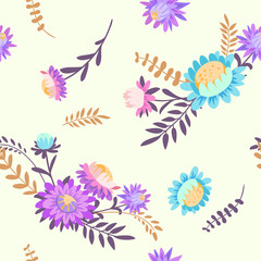 Fototapeta na wymiar Autumn flowers. Vector floral seamless pattern. Hand drawn illustration with asters and herbs.