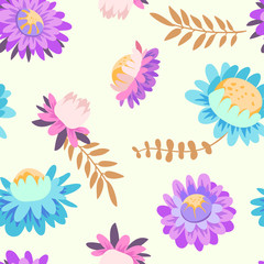 Autumn flowers. Vector floral seamless pattern. Hand drawn illustration with asters and herbs.