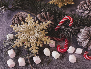 Fototapeta na wymiar Christmas card with fir branches and decoration
