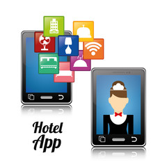 Smartphone maid and hotel apps icon set. Service technology media and digital theme. Colorful design. Vector illustration