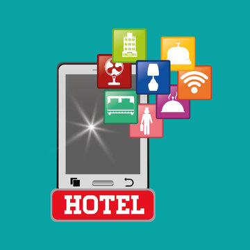 Smartphone and hotel apps icon set. Service technology media and digital theme. Colorful design. Vector illustration