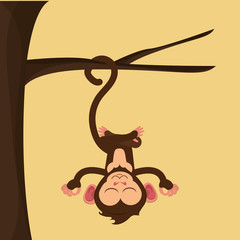 flat design happy relaxed  jungle monkeys hanging cartoon vector illustration 