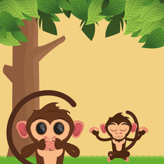 flat design jungle monkeys cartoon and tree vector illustration 