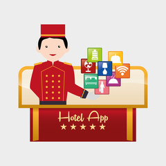 Bellboy and hotel apps icon set. Service technology media and digital theme. Colorful design. Vector illustration