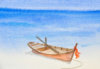 One fishing boat on the blue sea, watercolor painting