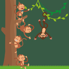 Obraz na płótnie Canvas flat design happy playful jungle monkeys hanging cartoon vector illustration 
