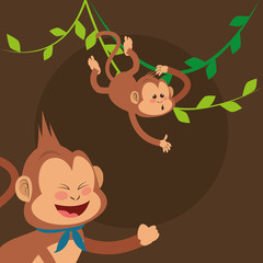 flat design happy playful  jungle monkeys hanging cartoon vector illustration 