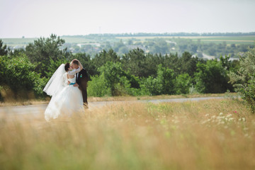 Romantic kiss in the sunny steppe