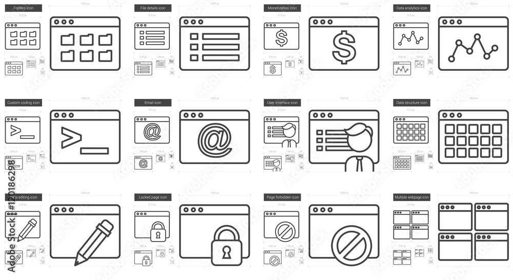 Poster application line icon set.