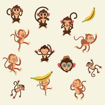 flat design assorted jungle monkeys cartoon with banana vector illustration 