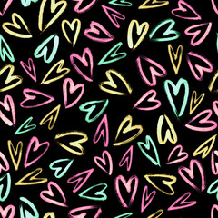 seamless artistic hand drawn brushstrokes hearts pattern, colorful modern allover love sign background print design