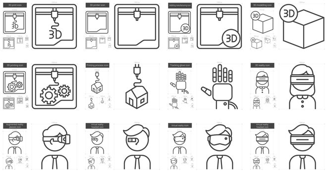Virtual reality and 3D technology line icon set.