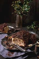Sliced christmas chocolate yule log