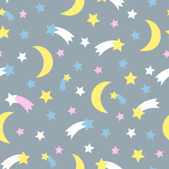 Fototapeta na wymiar Starry sky seamless pattern. Child drawing style background with stars, comet, moon, meteorite.