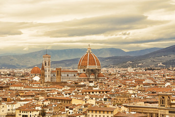 Fototapeta na wymiar View of the historic center of Florence Italy from viewing point on Piazzale Michelangelo. Florence is the capital city of the Italian region of Tuscany 