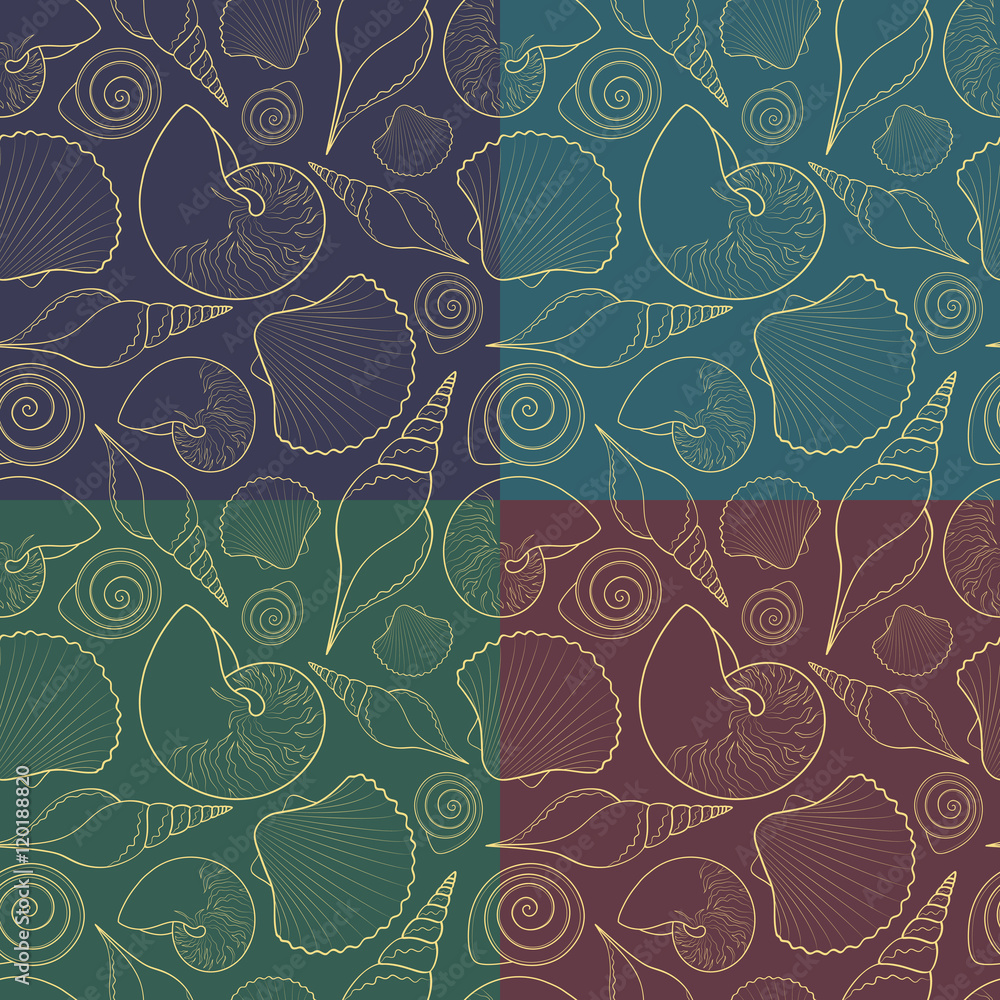 Poster set of vector seamless patterns with shells.