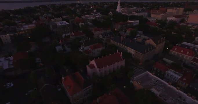 Aerial perspective of the French Huguenot Church in downtown Charleston, SC. The church in the historic French Quarter, and is gothic revival architecture style.