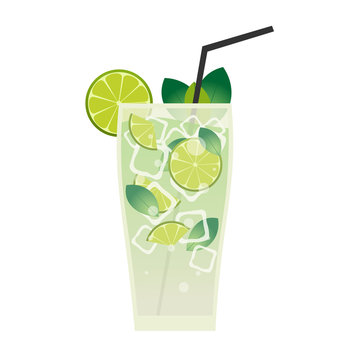 Fresh mojito with lime and green mint leaves in stylized glass.