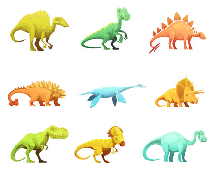 Dinosaurus Retro Cartoon Characters Icons Collection