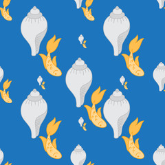 Gold fish exotic aquarium pet, sea background, summer water seamless pattern Outline icon with conch