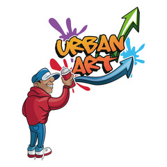 Cartoon man with spray and arrows icon. Urban art theme. Colorful and isolated design. Vector illustration