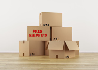 Free shipping cardboard boxes, on white background with wooden floor 3D render