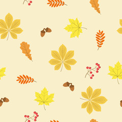 Seamless pattern with autumn leaves rowan berries and acorns on a light beige background. 