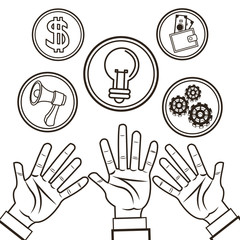 Hands bulb megaphone gears and wallet icon. Money economy commerce and market theme. Isolated black and white design. Vector illustration
