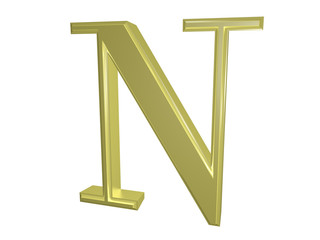 Gold letter N isolated on white, 3d illustration