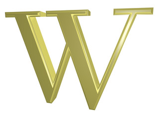 Gold letter W isolated on white, 3d illustration
