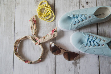 women's accessories on wooden background