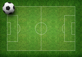Soccer ball on green grass of soccer field.