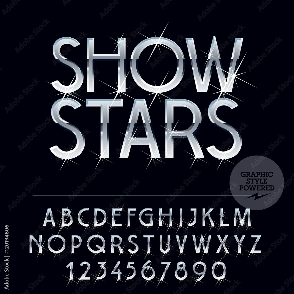 Poster silver glossy vector set of letters, symbols and numbers with sparkles