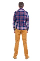 Back view of handsome man in checkered shirt  looking up.   Standing young guy in jeans. Rear view people collection.  backside view of person.  Isolated over white background.