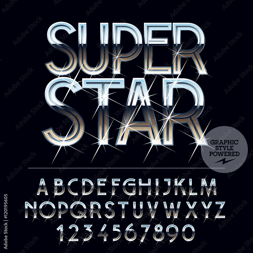 Poster silver sparkling glossy vector set of letters, symbols and numbers