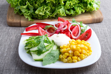 Dish from tomatoes, bell-pepper, mozzarella cheese, cucumbers, c