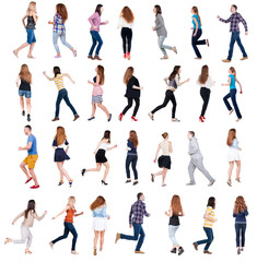 collection back view of running people . walking people in motion set. backside view of person. Rear view people collection. Isolated over white background.