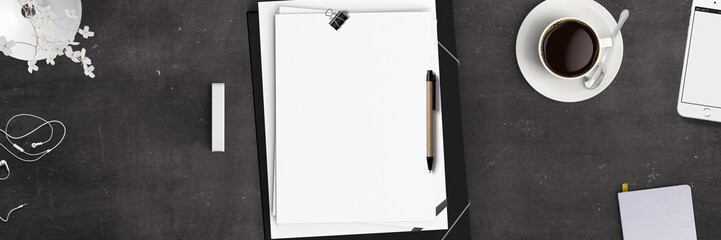 modern office desktop scene with blank sheet of paper for your text - topview banner 