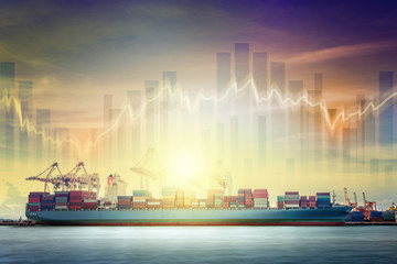 Fototapeta premium International transportation trading business concept, Logistics and transportation of Container Cargo ship with working crane bridge in seaport