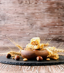 Cereal bar with nuts, selective focus