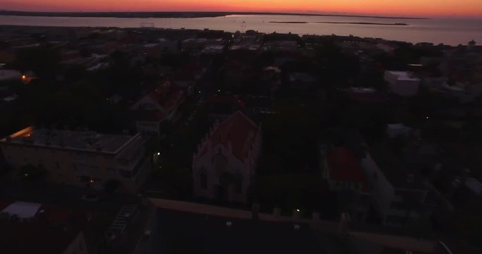 Aerial perspective of the French Huguenot Church in downtown Charleston, SC. The church in the historic French Quarter, and is gothic revival architecture style.