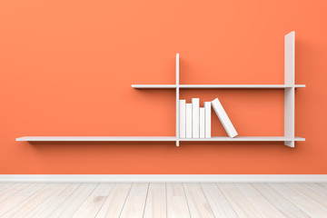 Empty interior light orange room white white shelf and wooden fl