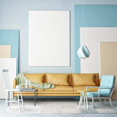 Mock up poster, colorful composition in room, 3d illustration