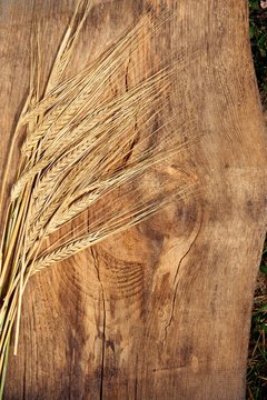 ears of wheat on the old wooden table