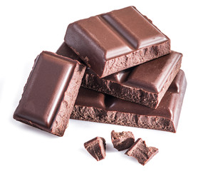 Pieces of chocolate bar isolated on a white background.