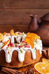 Decorated bundt cake on rustic background