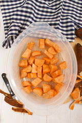 peeled sweet potatoes in a food steamer