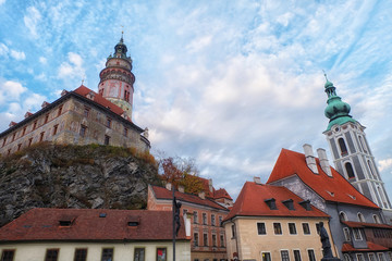 Cesky Krumlov Castle and St.Vitus Cathedral. Shot from wooden bridge.